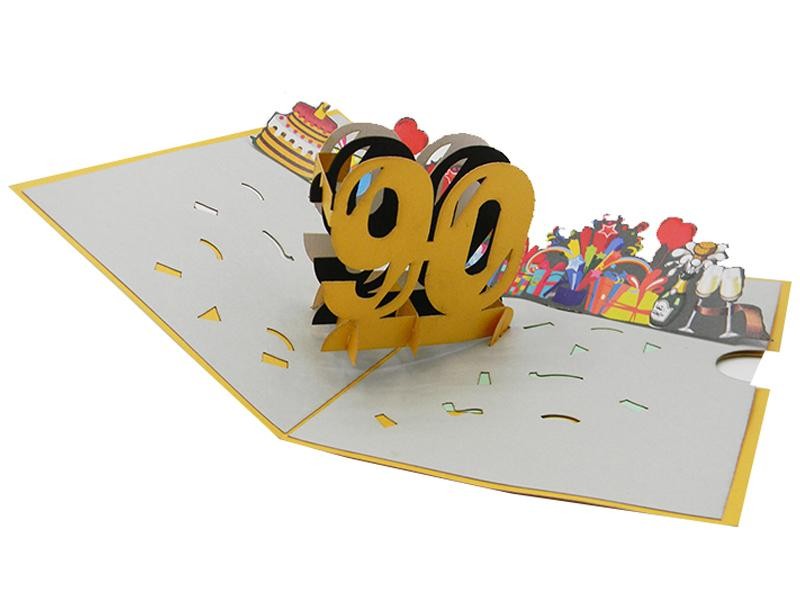 Biglietto Auguri Compleanno 90 Anni con numero pop-up e festa a colori