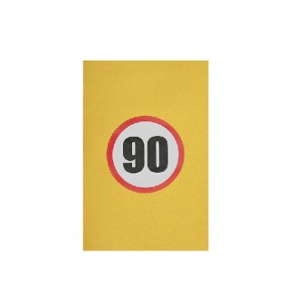Copertina gialla biglietto 90 Anni con numero in stile segnale stradale