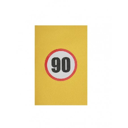 Copertina gialla biglietto 90 Anni con numero in stile segnale stradale