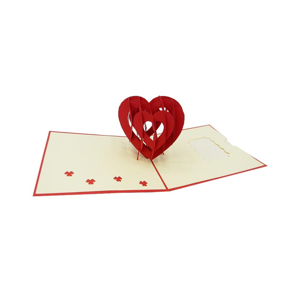 Biglietto Origami Cuore Rosso aperto con cuore 3D e dettagli floreali