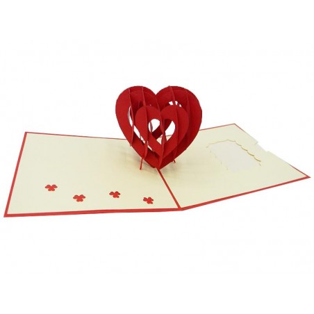 Biglietto Origami Cuore Rosso aperto con cuore 3D e dettagli floreali
