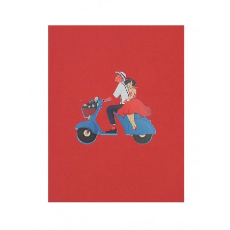 Biglietto romantico pop-up Vespa con coppia innamorata su sfondo rosso