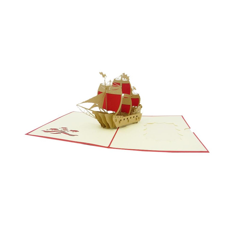 Biglietto auguri pop-up vascello rosso e kraft tridimensionale aperto