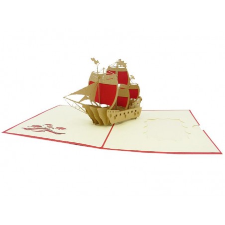 Biglietto auguri pop-up vascello rosso e kraft tridimensionale aperto