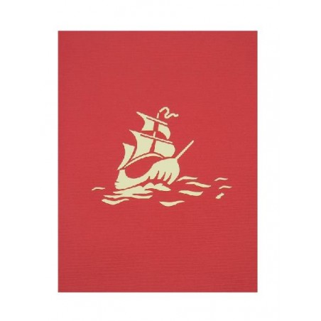 Copertina biglietto rosso con veliero intagliato color avorio
