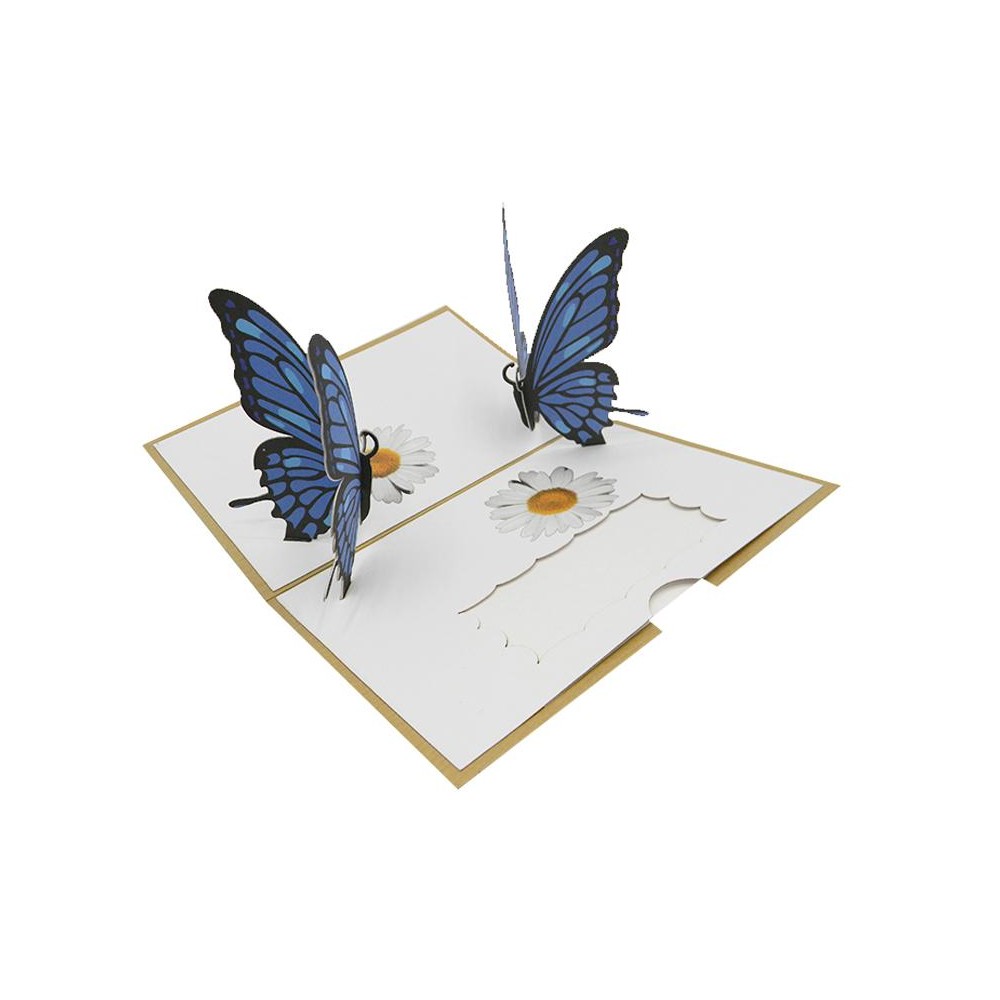 Biglietto Auguri Pop-up con farfalle azzurre e margherite in rilievo 3D