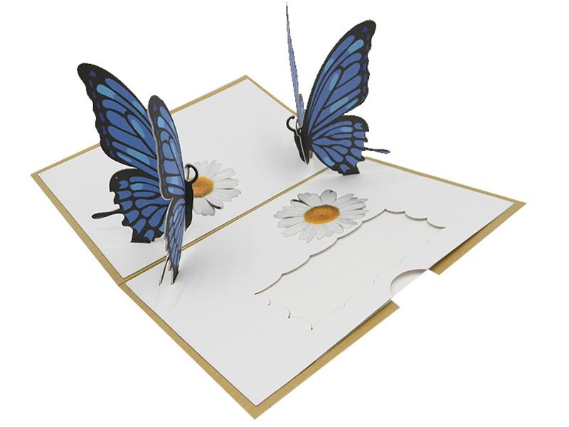 Biglietto Auguri Pop-up con farfalle azzurre e margherite in rilievo 3D