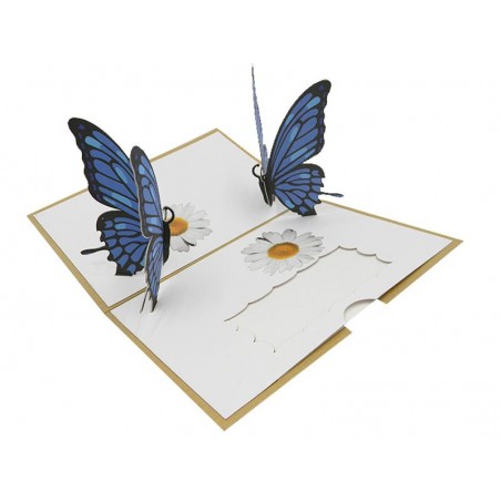 Biglietto Auguri Pop-up con farfalle azzurre e margherite in rilievo 3D