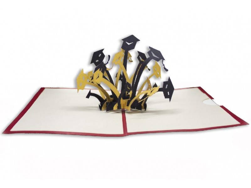 Biglietto Origami 3D Laurea aperto con tocchi accademici oro e neri tridimensionali
