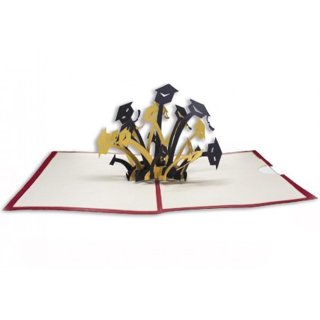 Biglietto Origami 3D Laurea aperto con tocchi accademici oro e neri tridimensionali
