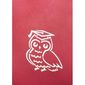 Copertina rossa Biglietto Laurea con gufo accademico intagliato a laser in bianco