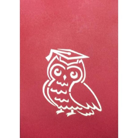 Copertina rossa Biglietto Laurea con gufo accademico intagliato a laser in bianco