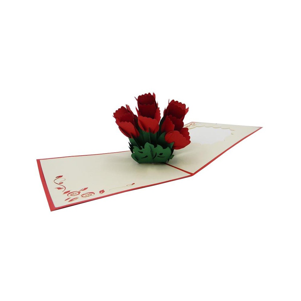 Biglietto Origami 3D aperto con bouquet tridimensionale di rose rosse