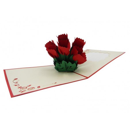 Biglietto Origami 3D aperto con bouquet tridimensionale di rose rosse