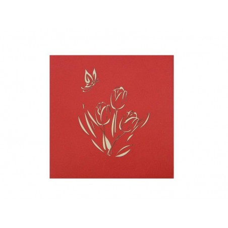 Copertina rossa con incisione laser di tulipani e farfalla