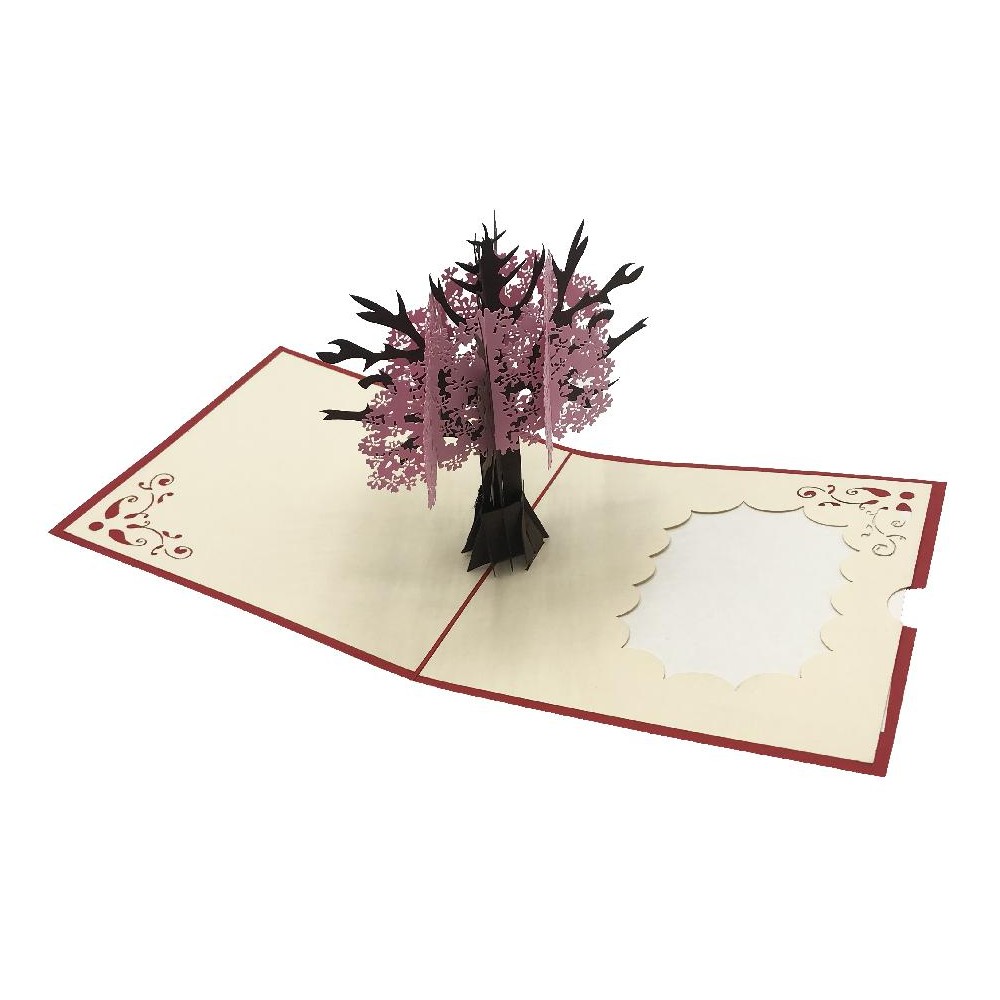 Biglietto popup origami con Albero della Vita rosa aperto