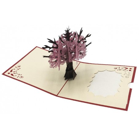 Biglietto popup origami con Albero della Vita rosa aperto