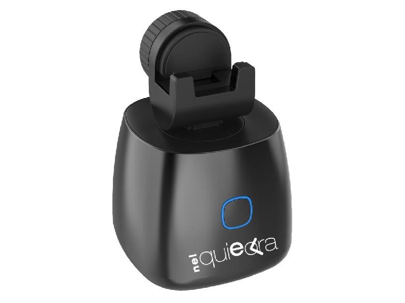 Supporto selfie motorizzato nero NelQuieOra con pulsante frontale e supporto smartphone integrato
