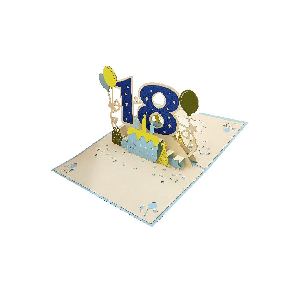 Interno biglietto Pop-up 18 anni con effetto tridimensionale blu e giallo