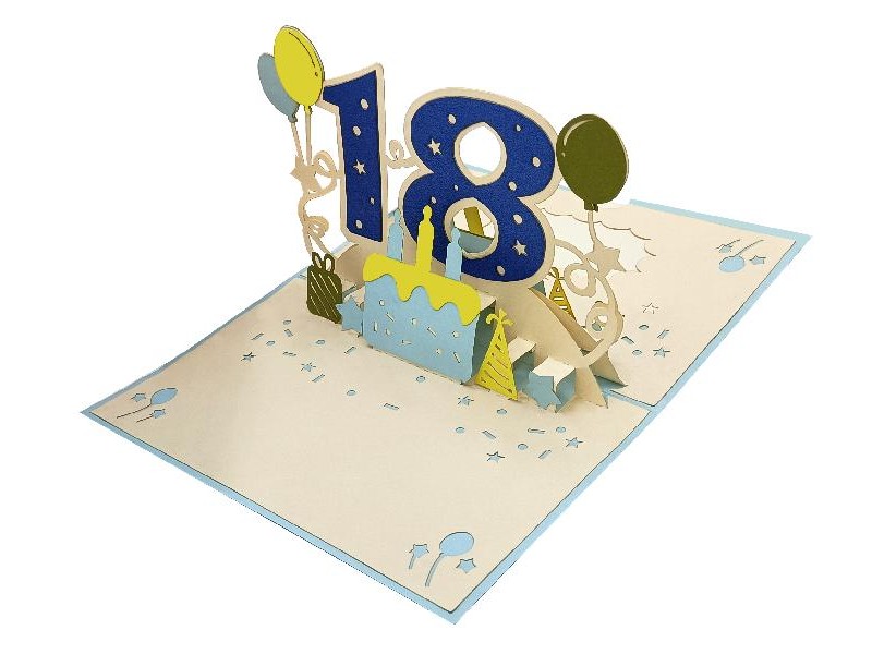 Interno biglietto Pop-up 18 anni con effetto tridimensionale blu e giallo