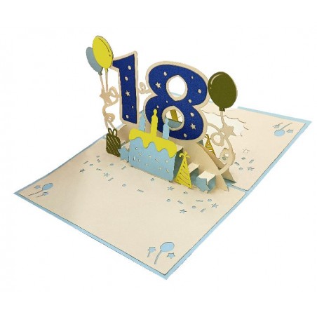 Interno biglietto Pop-up 18 anni con effetto tridimensionale blu e giallo