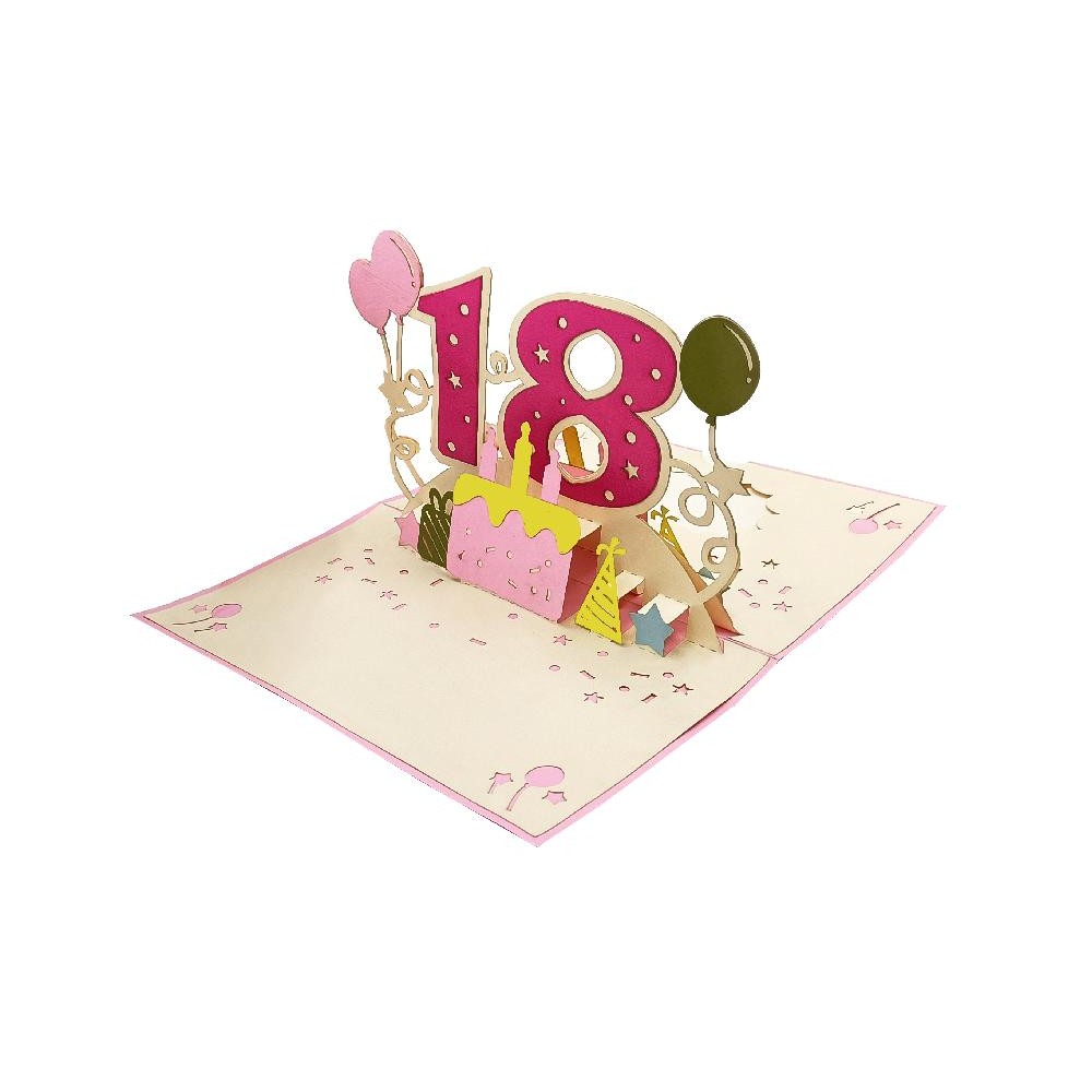 Vista aperta biglietto Pop-up 3D 18 anni per ragazza con torta e decorazioni
