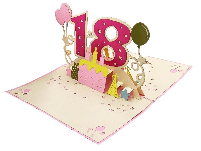 Vista aperta biglietto Pop-up 3D 18 anni per ragazza con torta e decorazioni