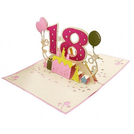 Vista aperta biglietto Pop-up 3D 18 anni per ragazza con torta e decorazioni