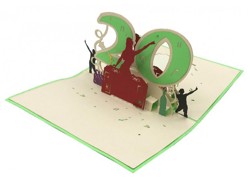 Biglietto Pop-up 3D 20 anni con DJ alla consolle e sagome danzanti