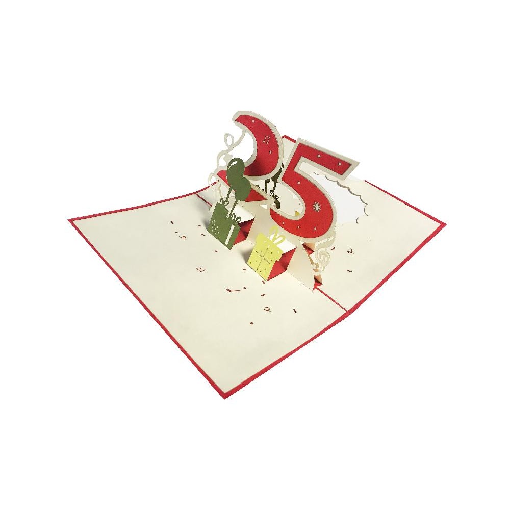 Biglietto Pop-up 3D 25 anni con numero rosso e regali tridimensionali