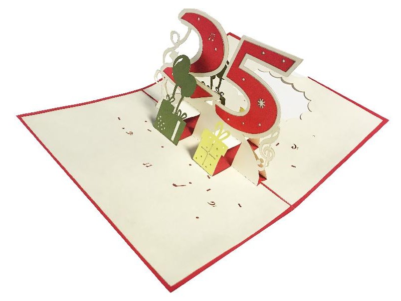 Biglietto Pop-up 3D 25 anni con numero rosso e regali tridimensionali