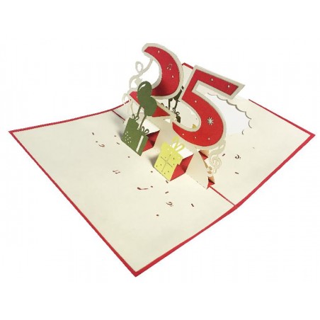 Biglietto Pop-up 3D 25 anni con numero rosso e regali tridimensionali