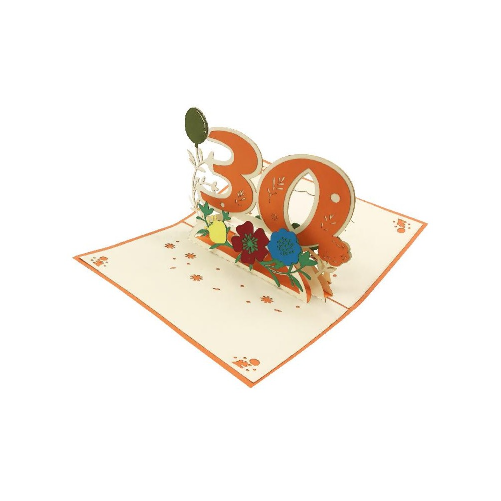Biglietto Pop-up 3D 30 anni con numero arancione e fiori colorati