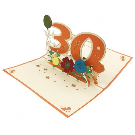 Biglietto Pop-up 3D 30 anni con numero arancione e fiori colorati