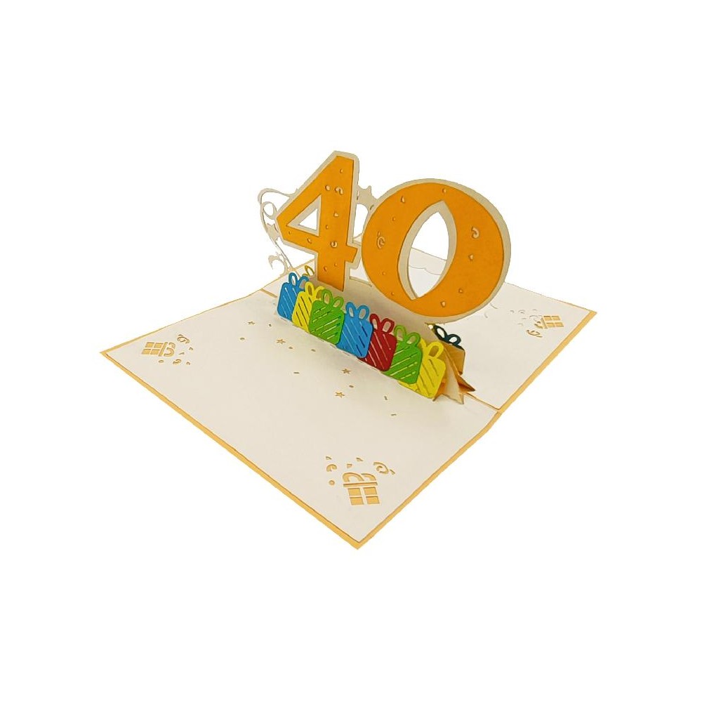 Biglietto Compleanno 40 Anni Pop-up con numero arancione e regali colorati