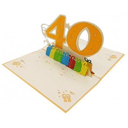 Biglietto Compleanno 40 Anni Pop-up con numero arancione e regali colorati