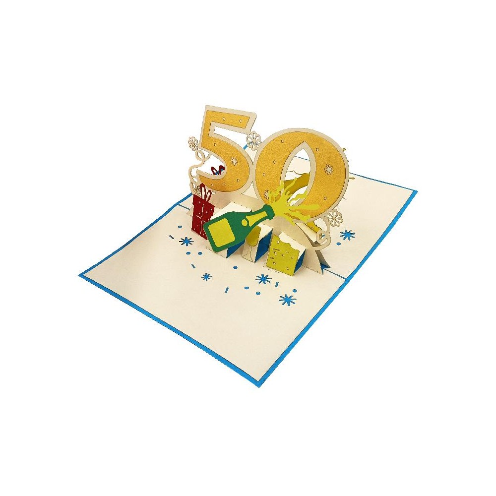 Biglietto Pop-up 50 Anni per Lui con bottiglia e regali tridimensionali