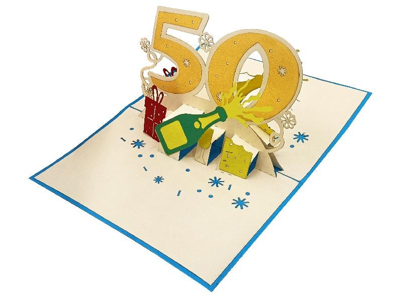 Biglietto Pop-up 50 Anni per Lui con bottiglia e regali tridimensionali