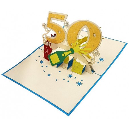 Biglietto Pop-up 50 Anni per Lui con bottiglia e regali tridimensionali
