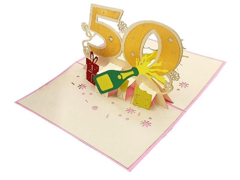 Biglietto Pop-up 50 Anni per Lei con bottiglia e regali tridimensionali