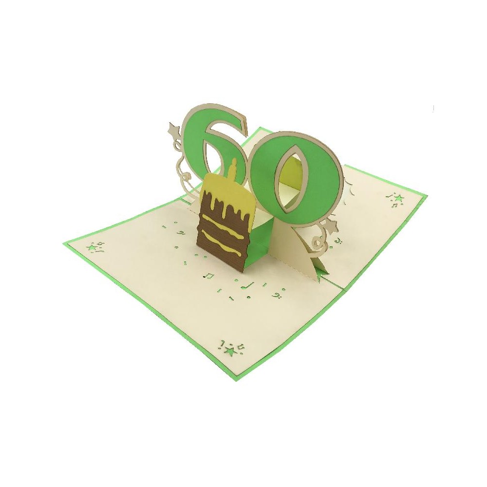 Biglietto Pop-up 60 Anni con torta e numero tridimensionale