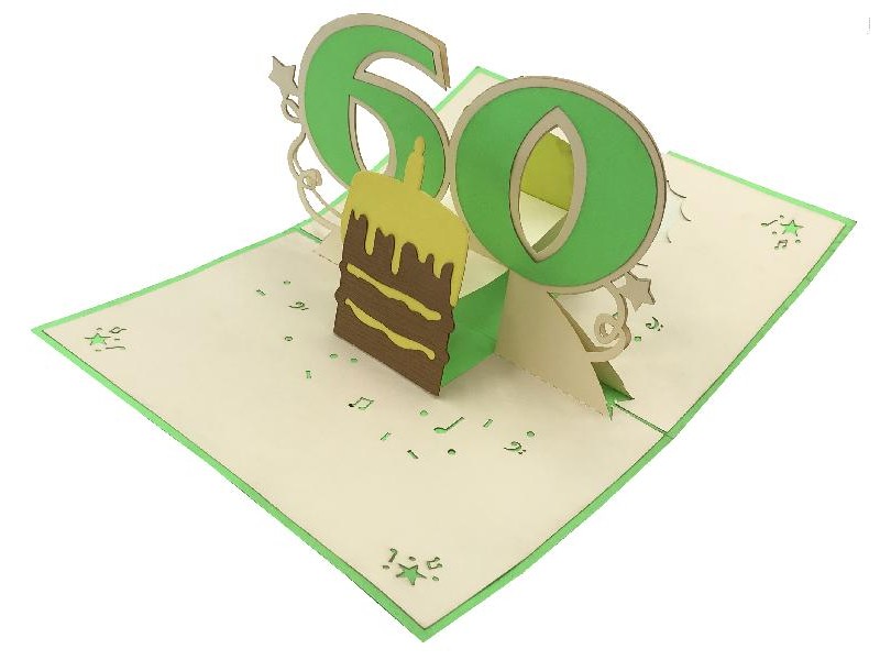 Biglietto Pop-up 60 Anni con torta e numero tridimensionale