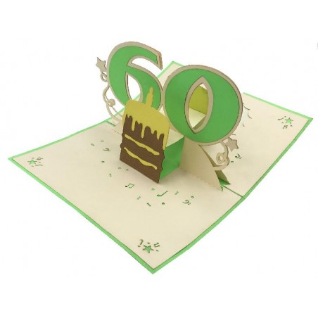 Biglietto Pop-up 60 Anni con torta e numero tridimensionale