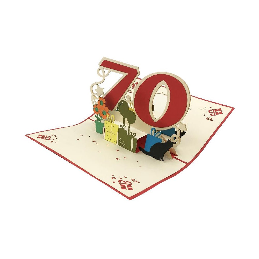 Biglietto Pop-up 70 Anni con numero in rilievo, regali e fiori
