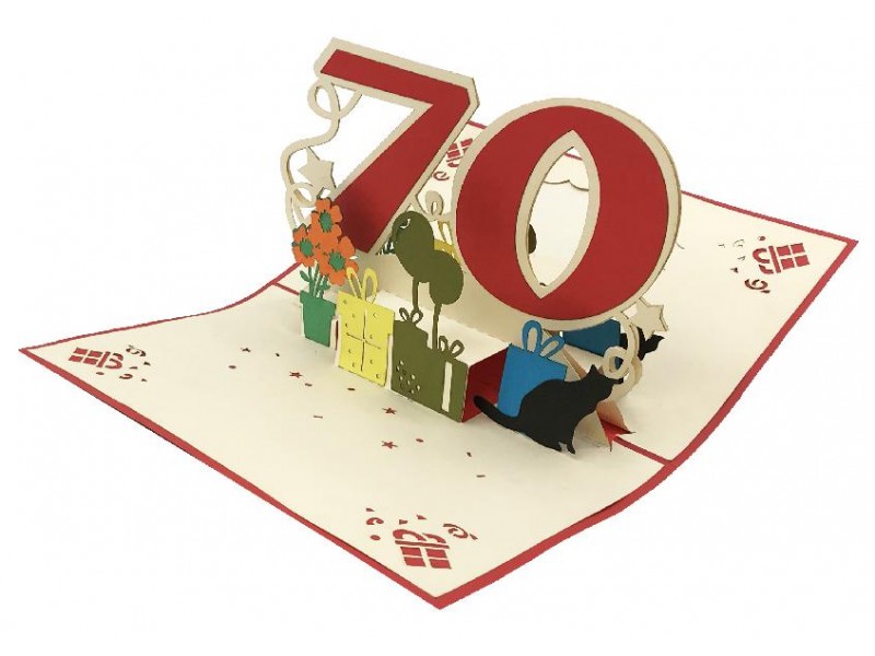 Biglietto Pop-up 70 Anni con numero in rilievo, regali e fiori