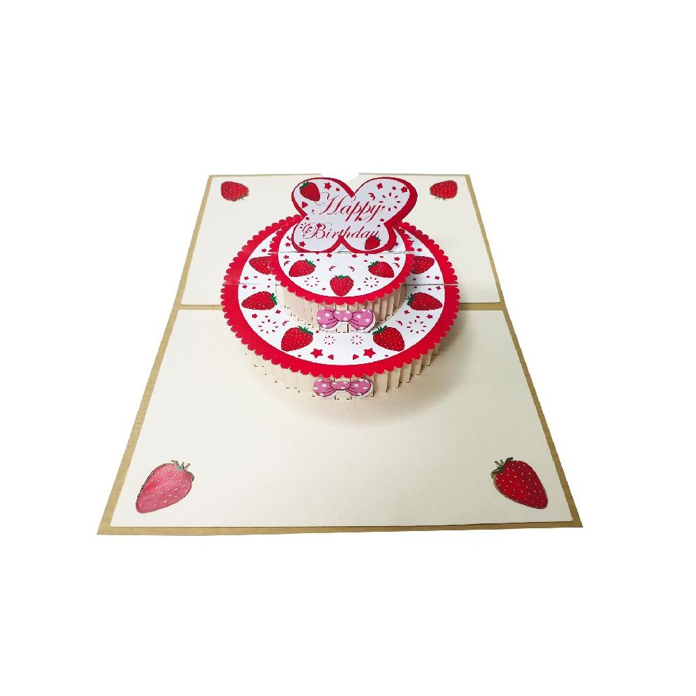 Biglietto Pop-up 3D Torta di Fragole con cuore “Happy Birthday” e fragole sugli angoli