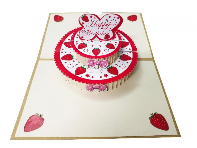 Biglietto Pop-up 3D Torta di Fragole con cuore “Happy Birthday” e fragole sugli angoli