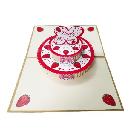 Biglietto Pop-up 3D Torta di Fragole con cuore “Happy Birthday” e fragole sugli angoli