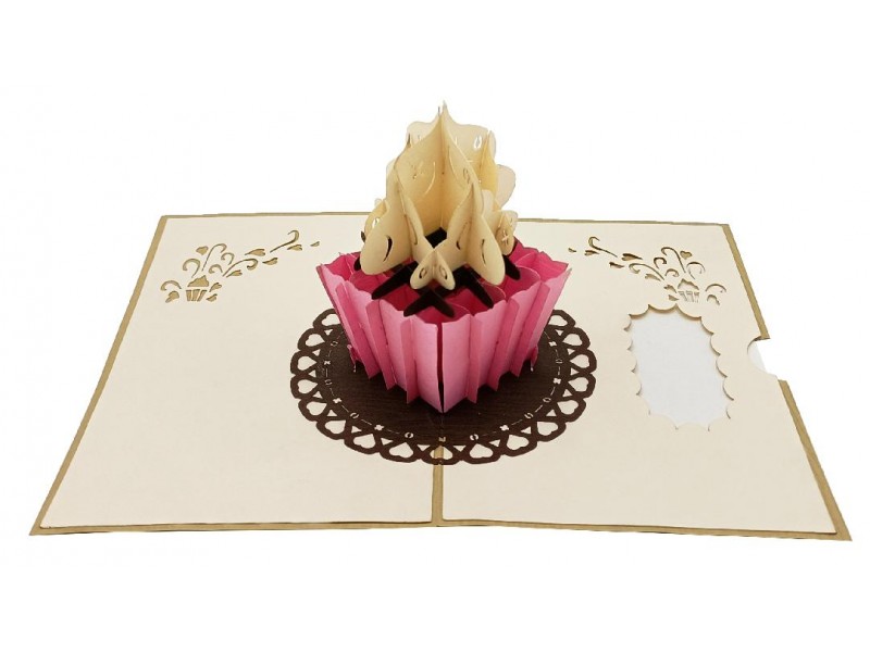 Biglietto Pop-up 3D Cup Cake con pizzo rosa e panna in rilievo