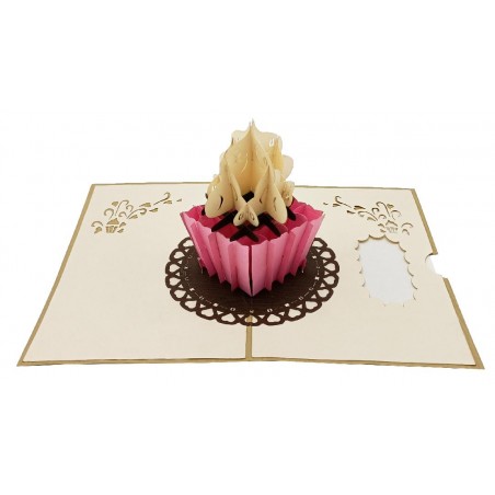Biglietto Pop-up 3D Cup Cake con pizzo rosa e panna in rilievo